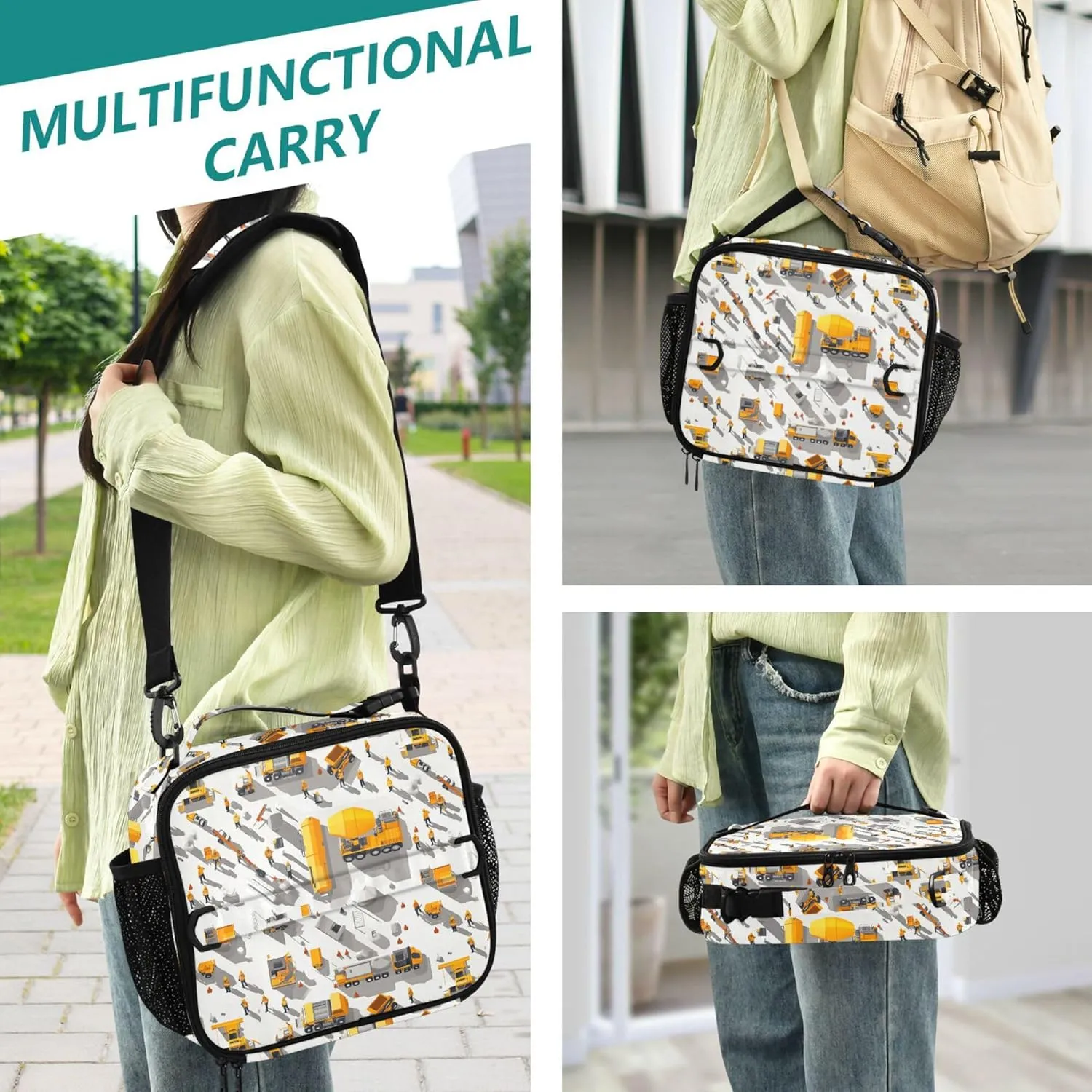 KLL Boys Lunch Bag Waterproof Lunch Box for Women Removable Shoulder Strap Insulated Tote for Work Office Construction Scene Build Schools Concrete Mixer Truck Bulldozer