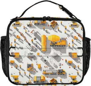 KLL Boys Lunch Bag Waterproof Lunch Box for Women Removable Shoulder Strap Insulated Tote for Work Office Construction Scene Build Schools Concrete Mixer Truck Bulldozer