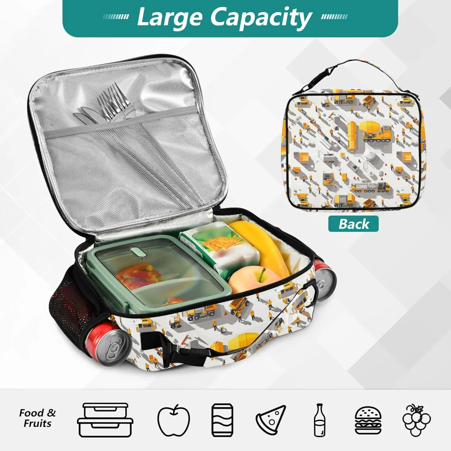 KLL Boys Lunch Bag Waterproof Lunch Box for Women Removable Shoulder Strap Insulated Tote for Work Office Construction Scene Build Schools Concrete Mixer Truck Bulldozer