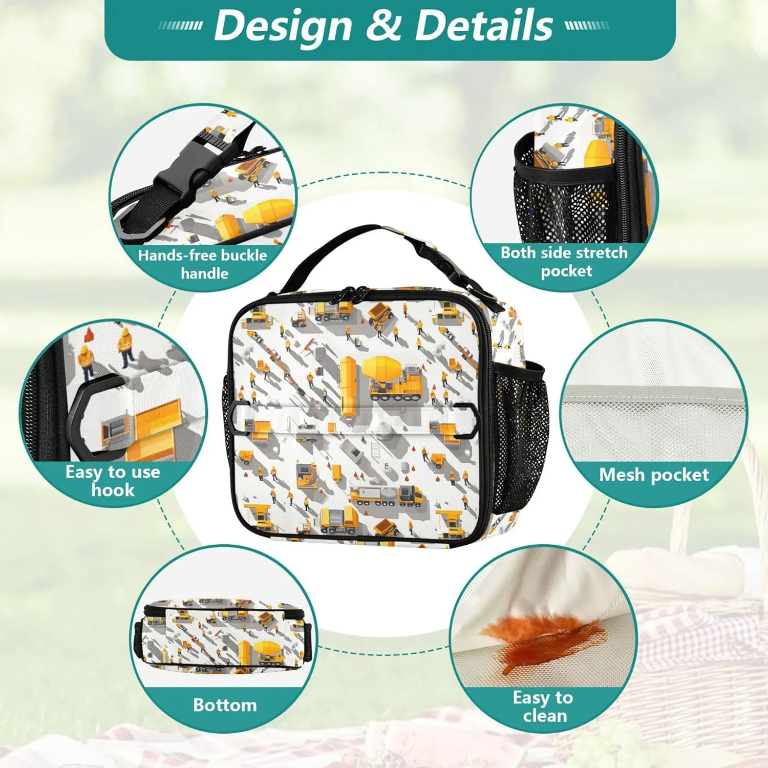 KLL Boys Lunch Bag Waterproof Lunch Box for Women Removable Shoulder Strap Insulated Tote for Work Office Construction Scene Build Schools Concrete Mixer Truck Bulldozer