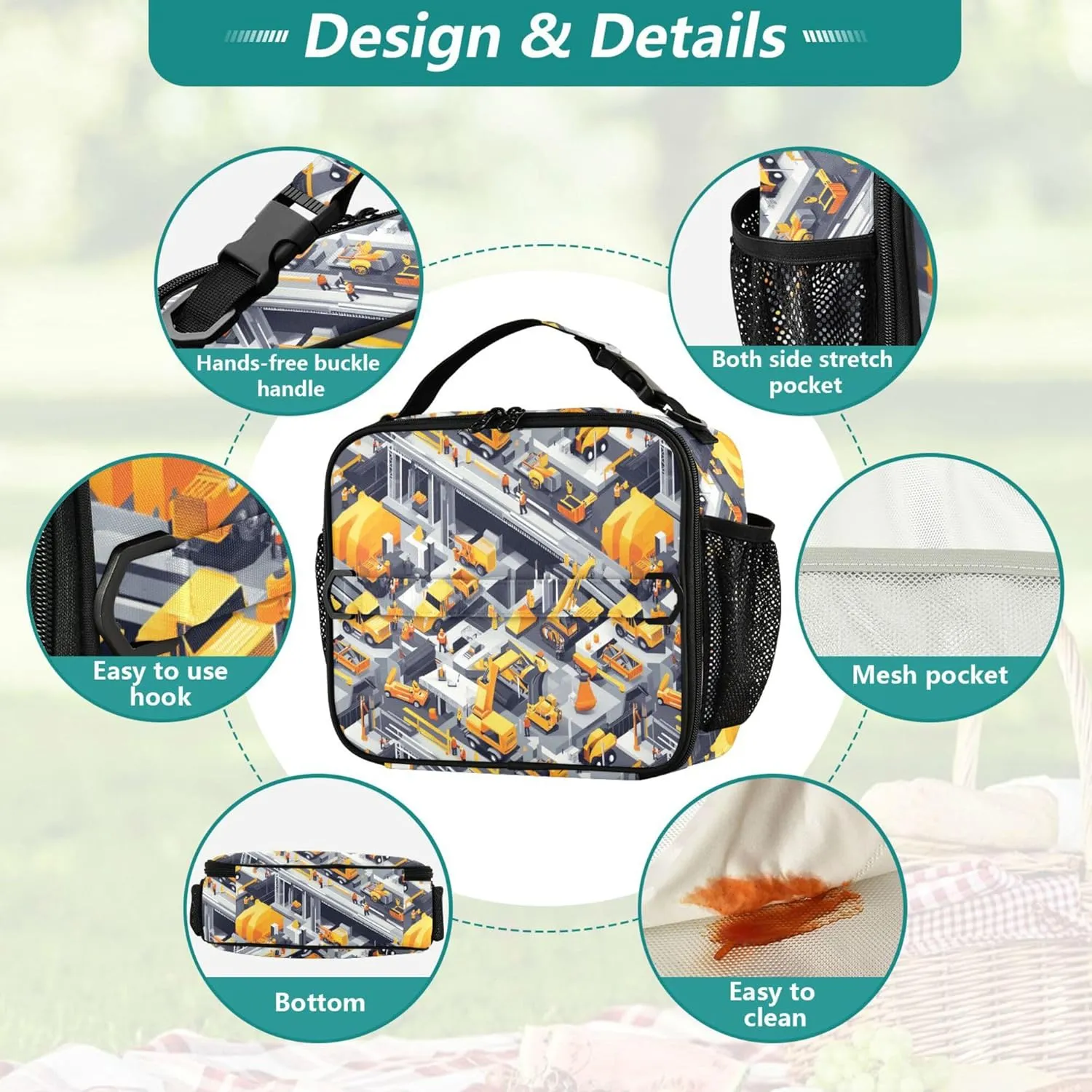 KLL Cooler Lunch Bag Water Resistant Insulated Lunch Box with Handle Insulated Tote Bag for School and Travel Construction Scene Building Bridges Loader Road Roller
