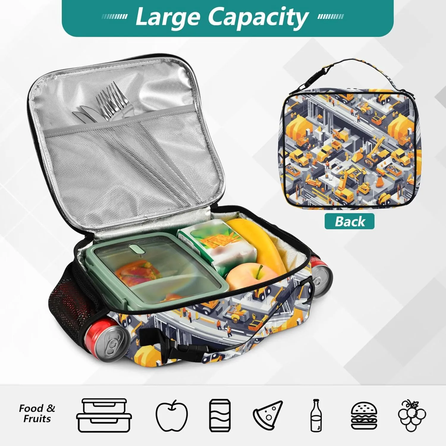 KLL Cooler Lunch Bag Water Resistant Insulated Lunch Box with Handle Insulated Tote Bag for School and Travel Construction Scene Building Bridges Loader Road Roller