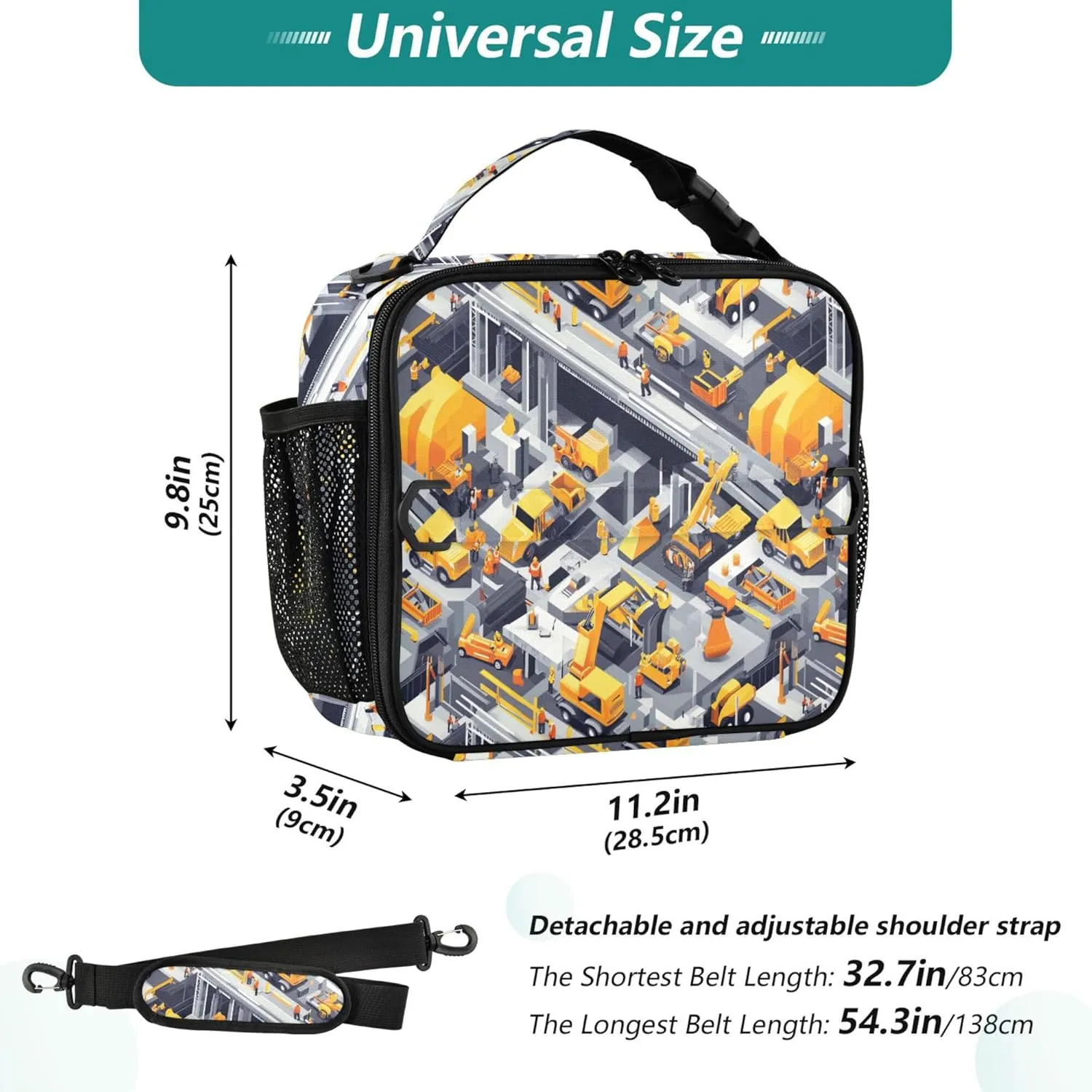 KLL Cooler Lunch Bag Water Resistant Insulated Lunch Box with Handle Insulated Tote Bag for School and Travel Construction Scene Building Bridges Loader Road Roller