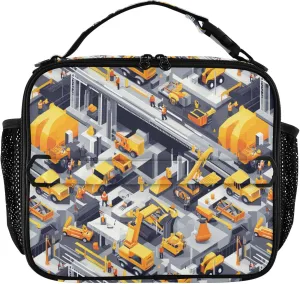 KLL Cooler Lunch Bag Water Resistant Insulated Lunch Box with Handle Insulated Tote Bag for School and Travel Construction Scene Building Bridges Loader Road Roller