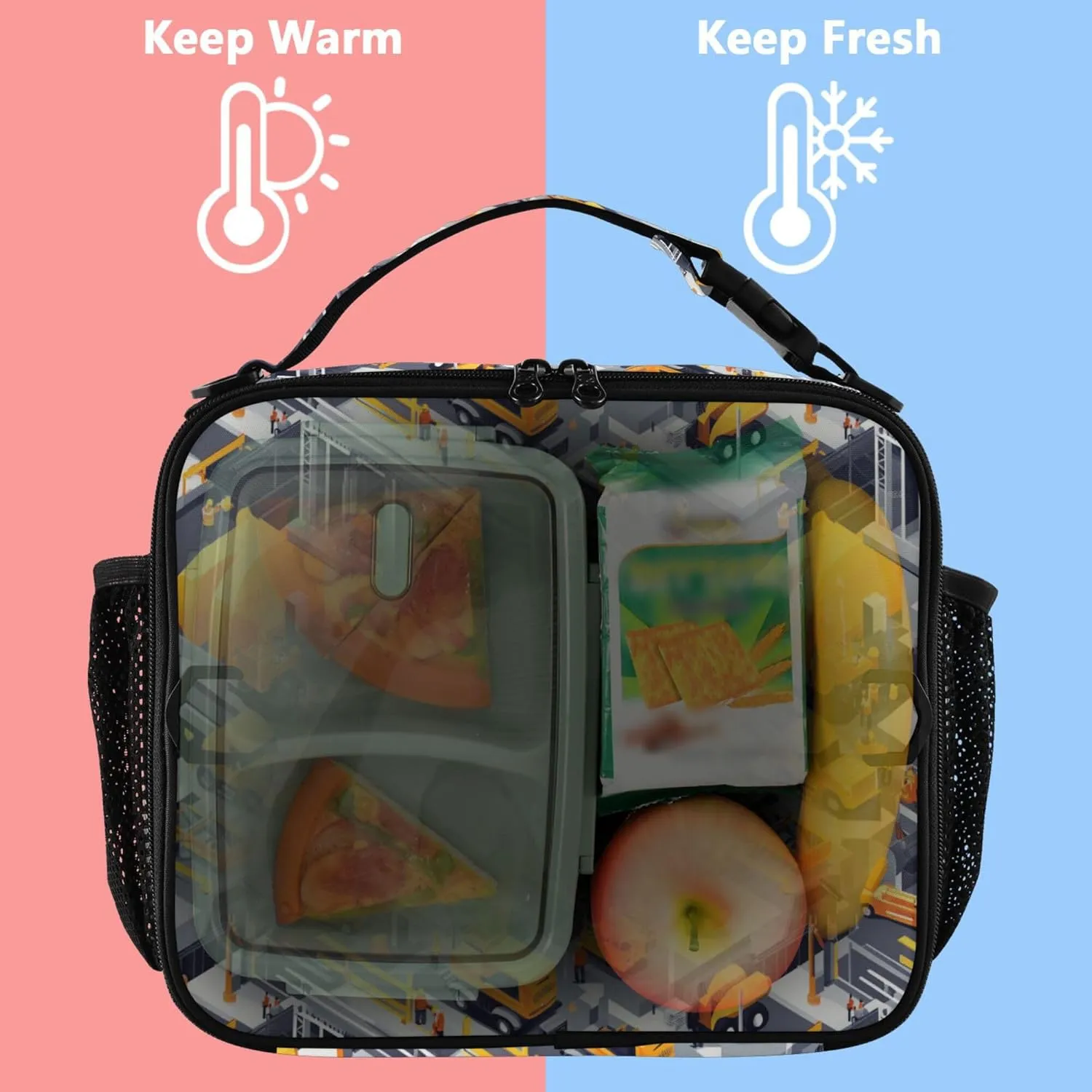 KLL Cooler Lunch Bag Water Resistant Insulated Lunch Box with Handle Insulated Tote Bag for School and Travel Construction Scene Building Bridges Loader Road Roller