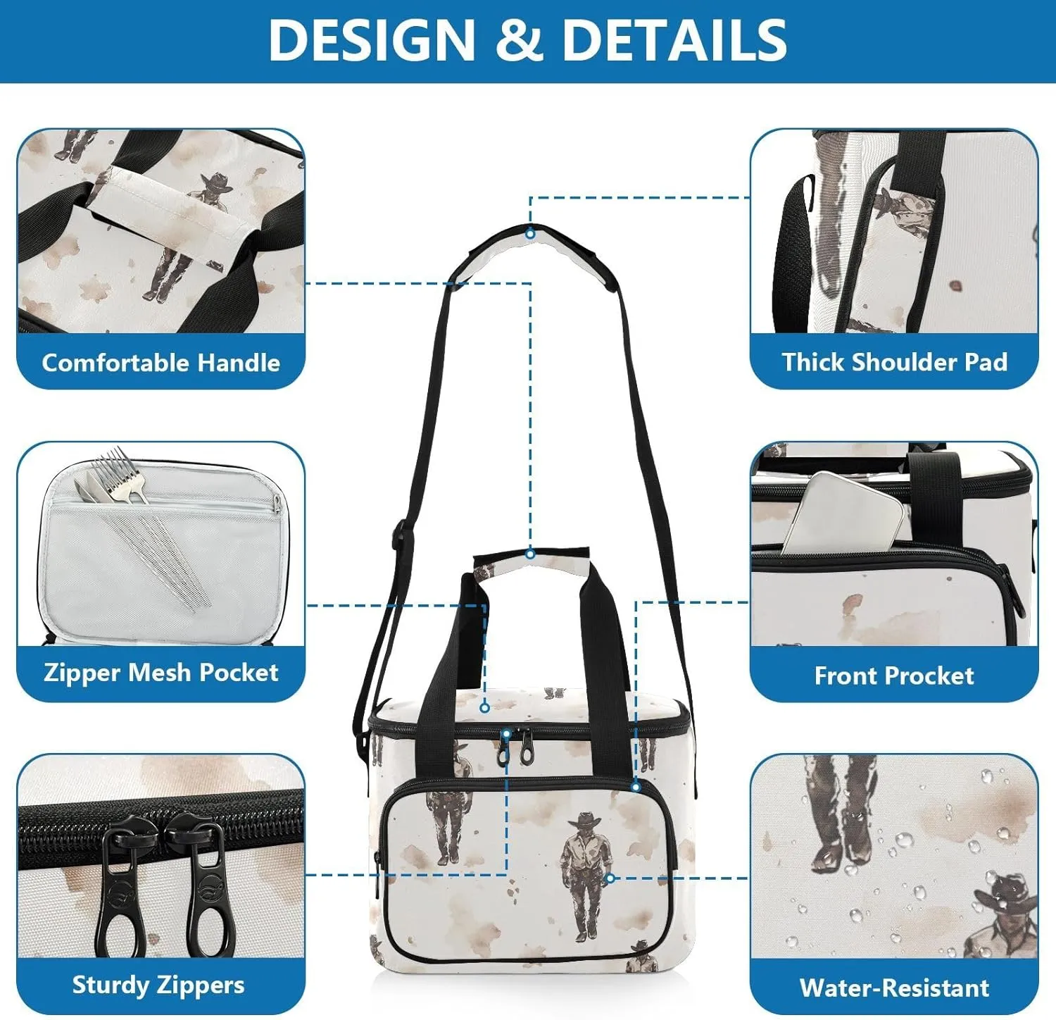KLL Cowboy Primitive Charm Large Capacity Lunch Bag with Shoulder Strap Insulated Lunch Cooler Bag for Teen