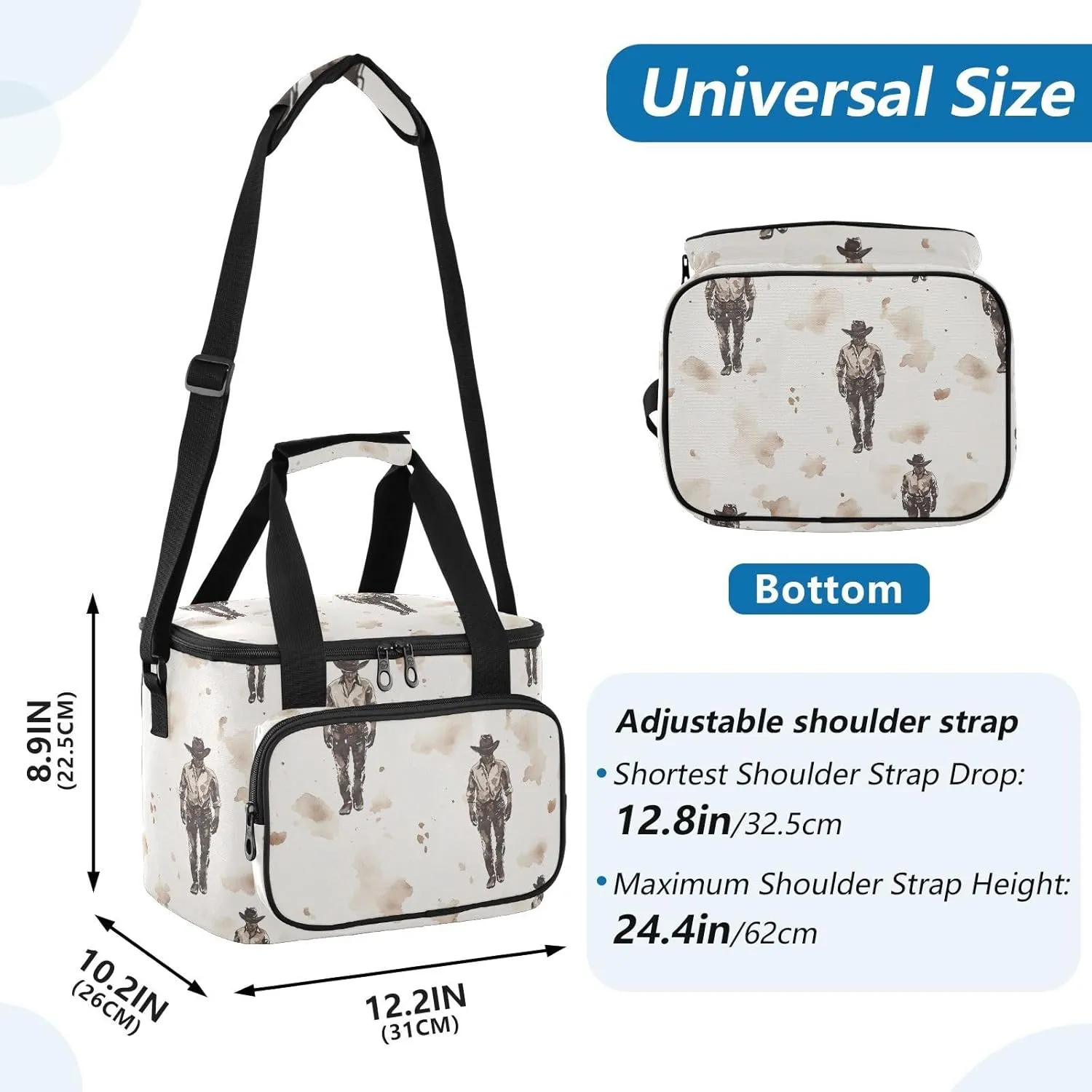 KLL Cowboy Primitive Charm Large Capacity Lunch Bag with Shoulder Strap Insulated Lunch Cooler Bag for Teen