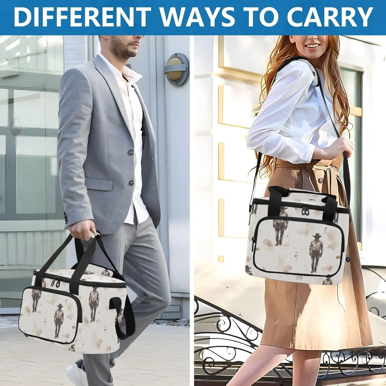 KLL Cowboy Primitive Charm Large Capacity Lunch Bag with Shoulder Strap Insulated Lunch Cooler Bag for Teen