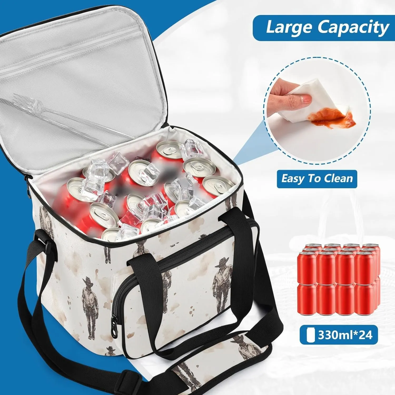 KLL Cowboy Primitive Charm Large Capacity Lunch Bag with Shoulder Strap Insulated Lunch Cooler Bag for Teen