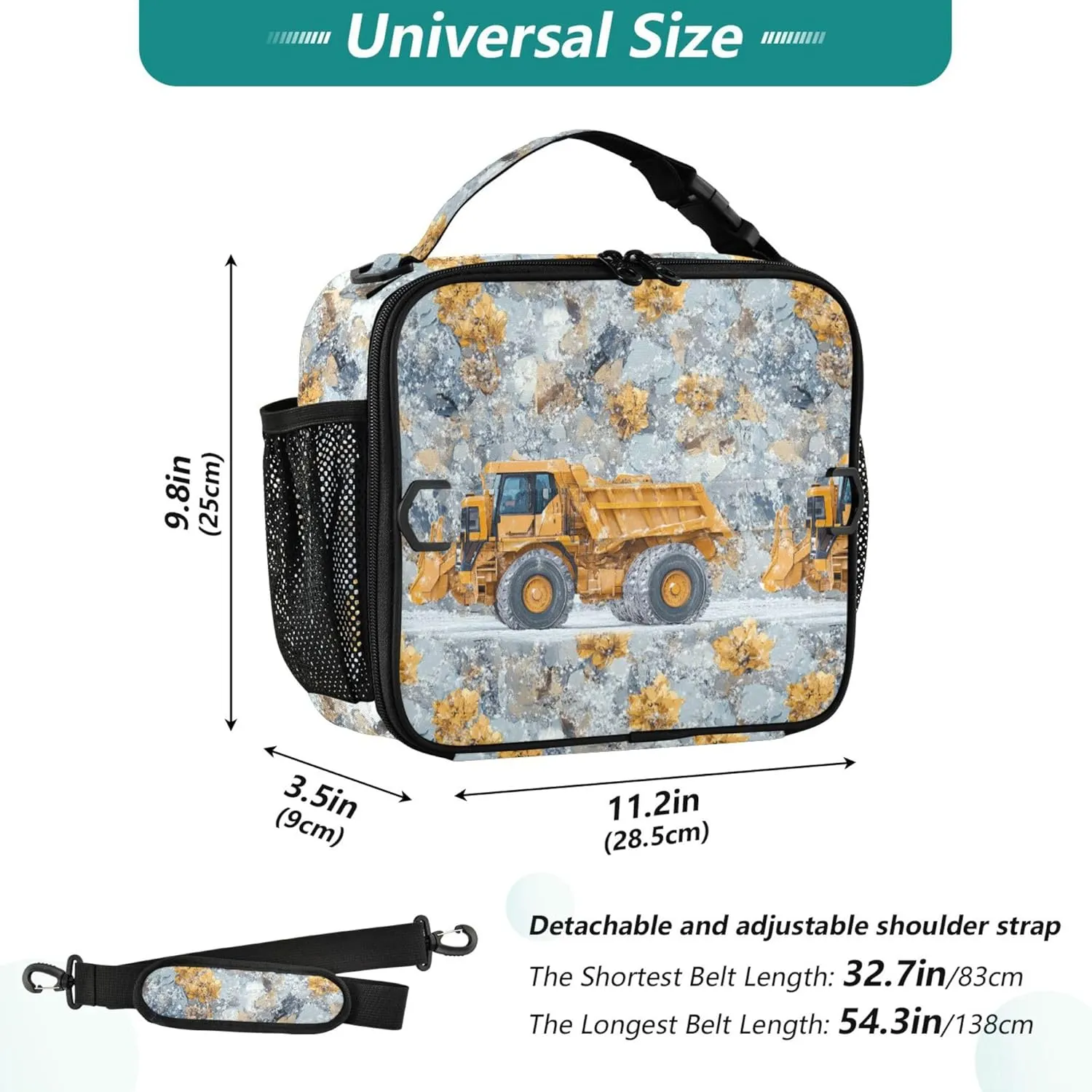 KLL Rectangle Lunch Bag Double Zipper Thermal Lunch Box Removable Shoulder Strap Cooler Tote Bag for School/Picnic Construction Truck Cartoon Loader Icy and Snowy