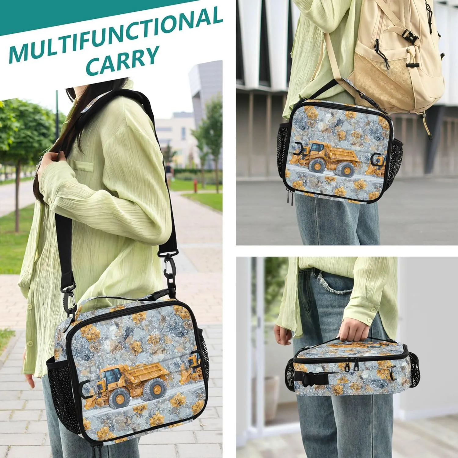 KLL Rectangle Lunch Bag Double Zipper Thermal Lunch Box Removable Shoulder Strap Cooler Tote Bag for School/Picnic Construction Truck Cartoon Loader Icy and Snowy