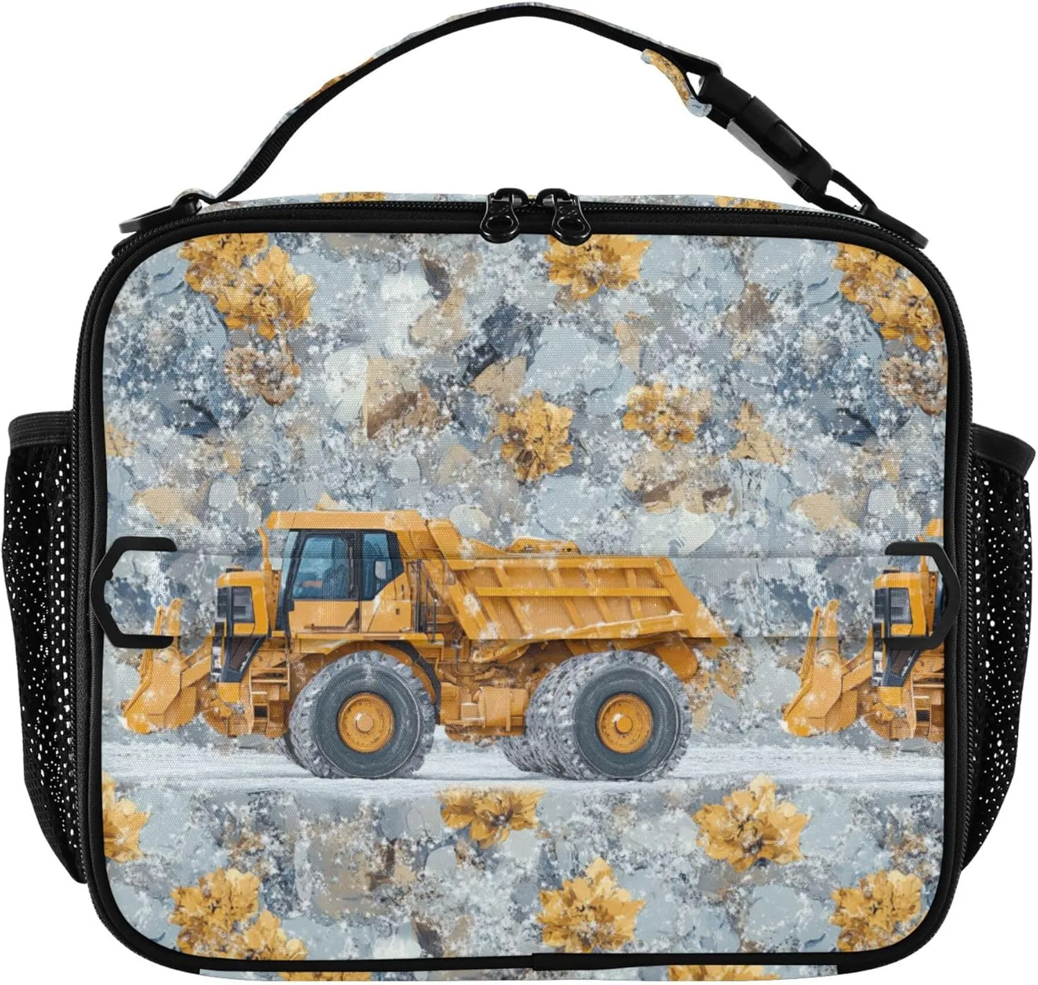 KLL Rectangle Lunch Bag Double Zipper Thermal Lunch Box Removable Shoulder Strap Cooler Tote Bag for School/Picnic Construction Truck Cartoon Loader Icy and Snowy