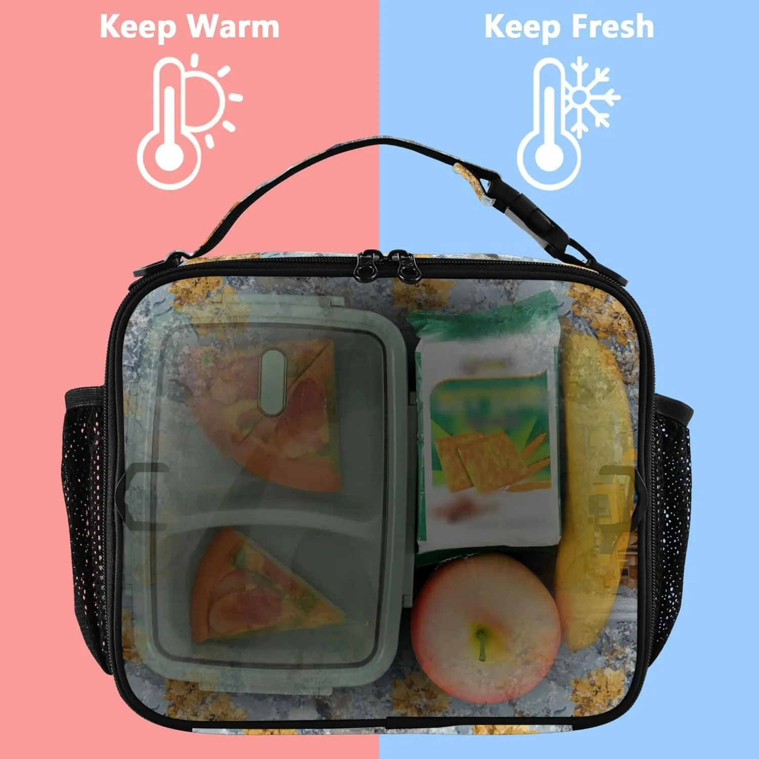 KLL Rectangle Lunch Bag Double Zipper Thermal Lunch Box Removable Shoulder Strap Cooler Tote Bag for School/Picnic Construction Truck Cartoon Loader Icy and Snowy