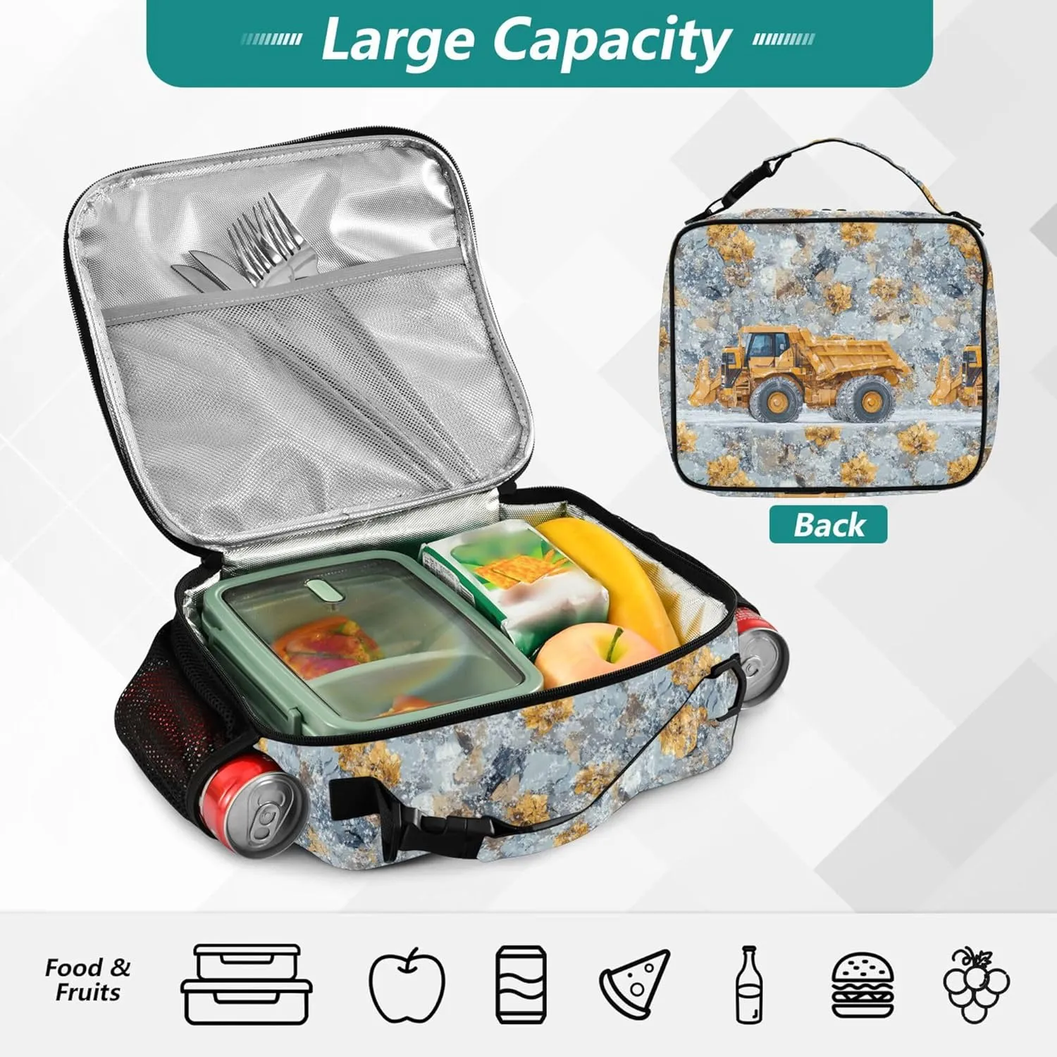 KLL Rectangle Lunch Bag Double Zipper Thermal Lunch Box Removable Shoulder Strap Cooler Tote Bag for School/Picnic Construction Truck Cartoon Loader Icy and Snowy