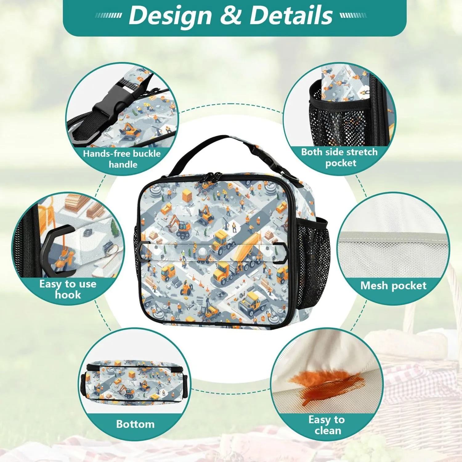 KLL Rectangle Lunch Bag Lightweight Lunch Cooler with Handle Insulated Tote for Beach Travel Construction Scene Highway Construction Concrete Mixer Truck Road Roller