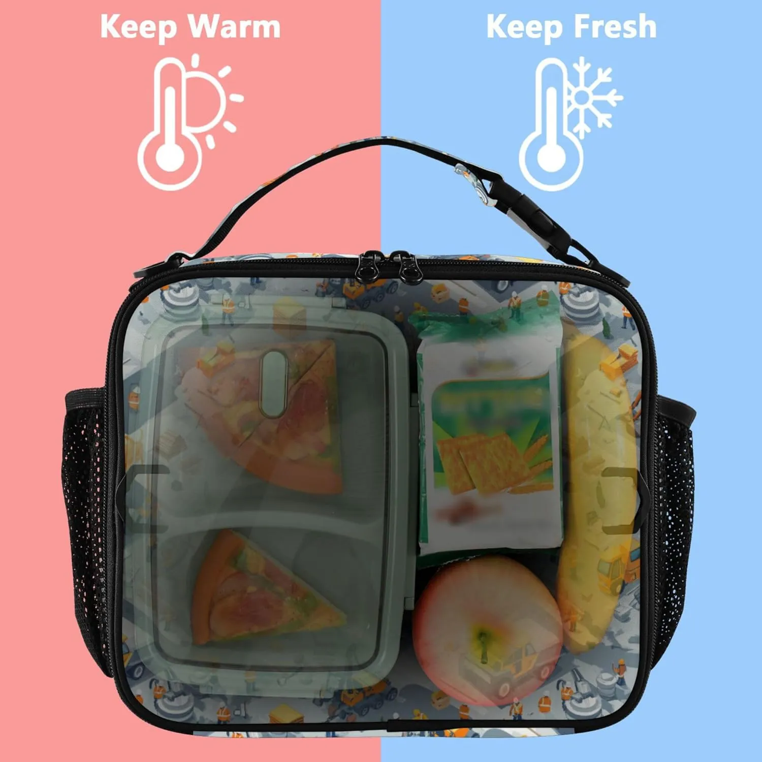 KLL Rectangle Lunch Bag Lightweight Lunch Cooler with Handle Insulated Tote for Beach Travel Construction Scene Highway Construction Concrete Mixer Truck Road Roller
