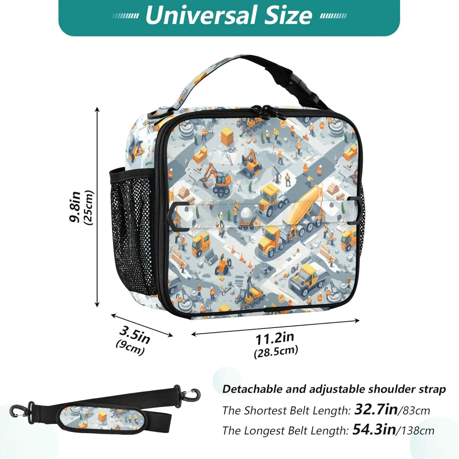 KLL Rectangle Lunch Bag Lightweight Lunch Cooler with Handle Insulated Tote for Beach Travel Construction Scene Highway Construction Concrete Mixer Truck Road Roller