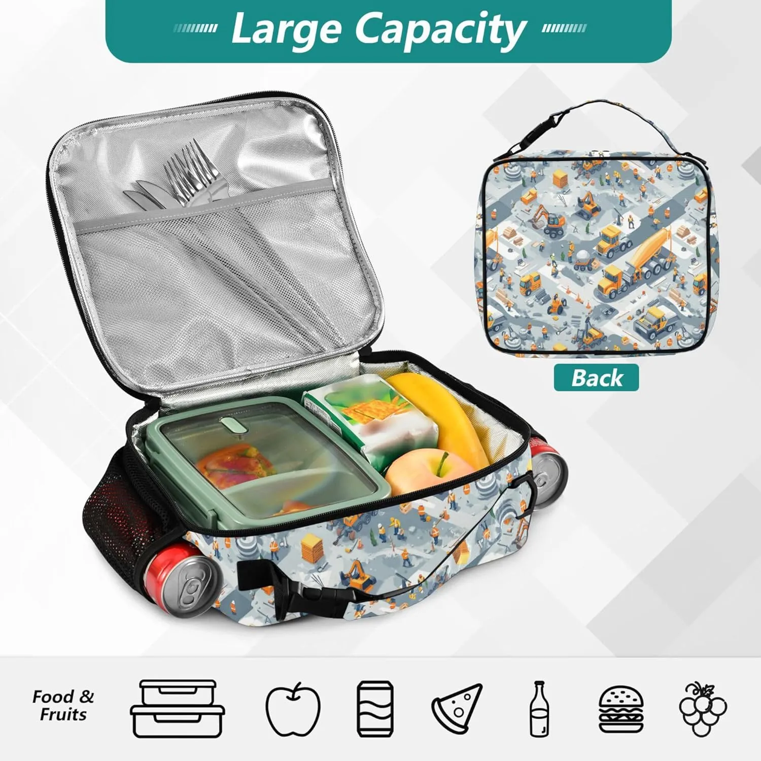 KLL Rectangle Lunch Bag Lightweight Lunch Cooler with Handle Insulated Tote for Beach Travel Construction Scene Highway Construction Concrete Mixer Truck Road Roller