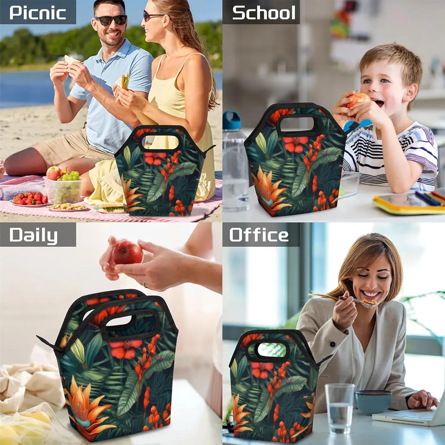 KOBLEN Tropical Floral Portable Insulated Lunch Bag for Adults, Oxford Thermal Food Tote Leakproof Reusable Meal Bag for Picnic, Hiking, Travel (7.5x4.7x11.2 Inch)