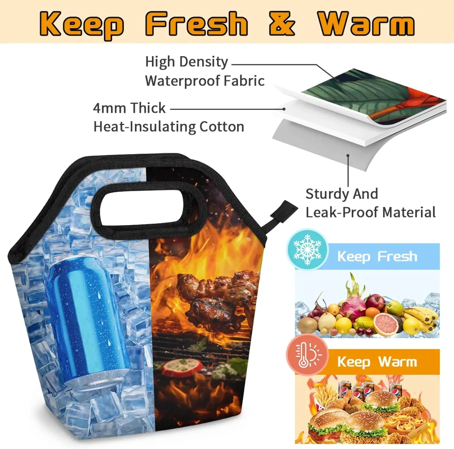 KOBLEN Tropical Floral Portable Insulated Lunch Bag for Adults, Oxford Thermal Food Tote Leakproof Reusable Meal Bag for Picnic, Hiking, Travel (7.5x4.7x11.2 Inch)
