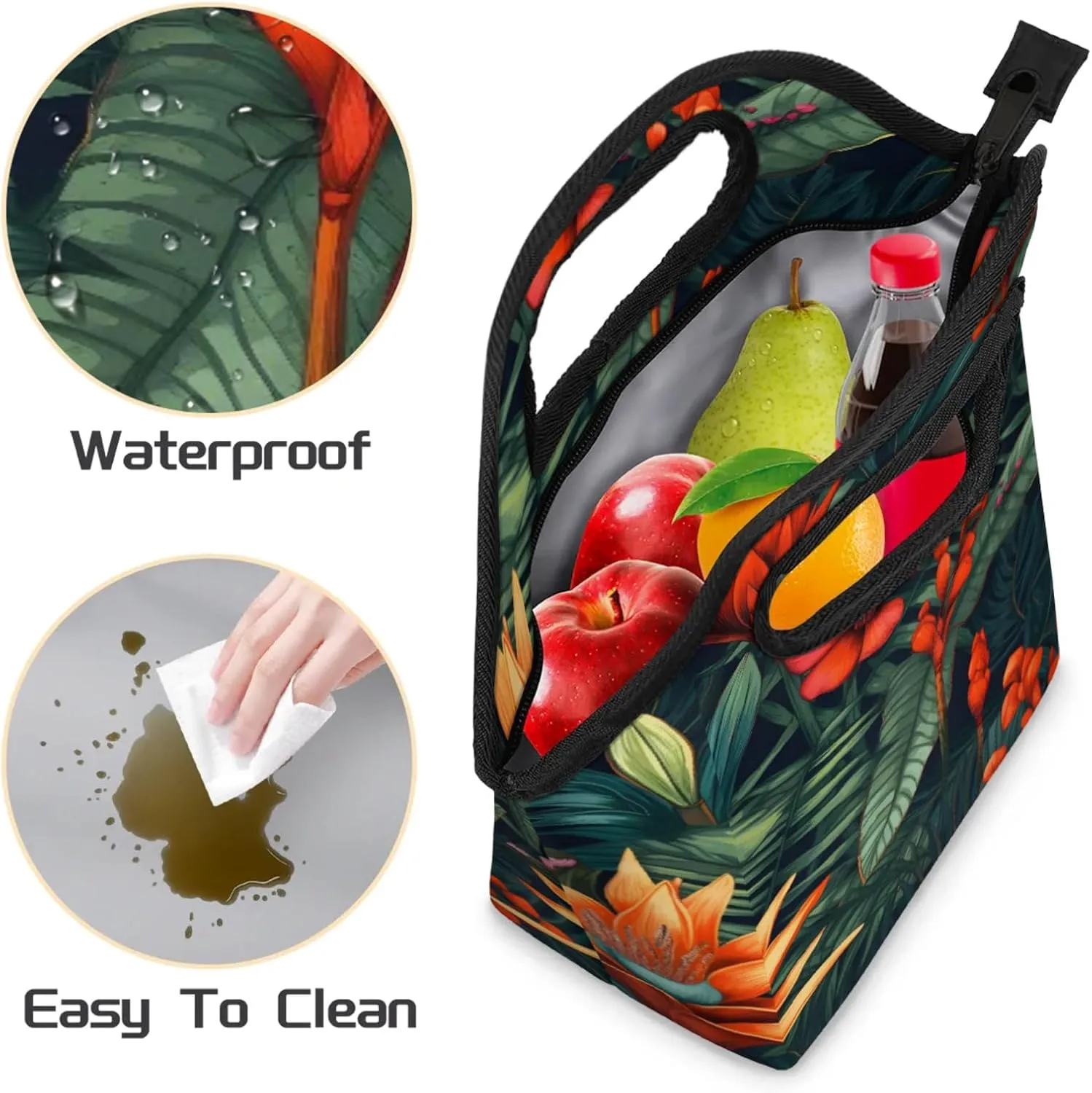 KOBLEN Tropical Floral Portable Insulated Lunch Bag for Adults, Oxford Thermal Food Tote Leakproof Reusable Meal Bag for Picnic, Hiking, Travel (7.5x4.7x11.2 Inch)