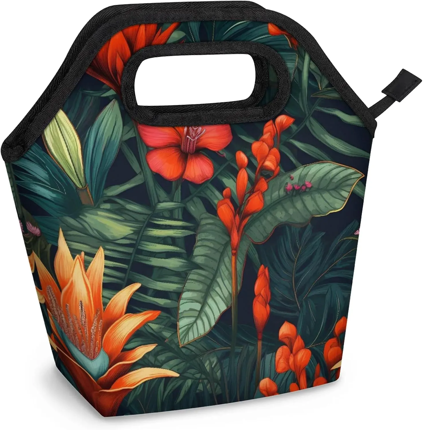 KOBLEN Tropical Floral Portable Insulated Lunch Bag for Adults, Oxford Thermal Food Tote Leakproof Reusable Meal Bag for Picnic, Hiking, Travel (7.5x4.7x11.2 Inch)