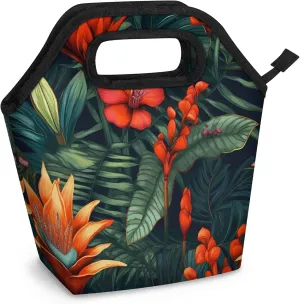 KOBLEN Tropical Floral Portable Insulated Lunch Bag for Adults, Oxford Thermal Food Tote Leakproof Reusable Meal Bag for Picnic, Hiking, Travel (7.5x4.7x11.2 Inch)