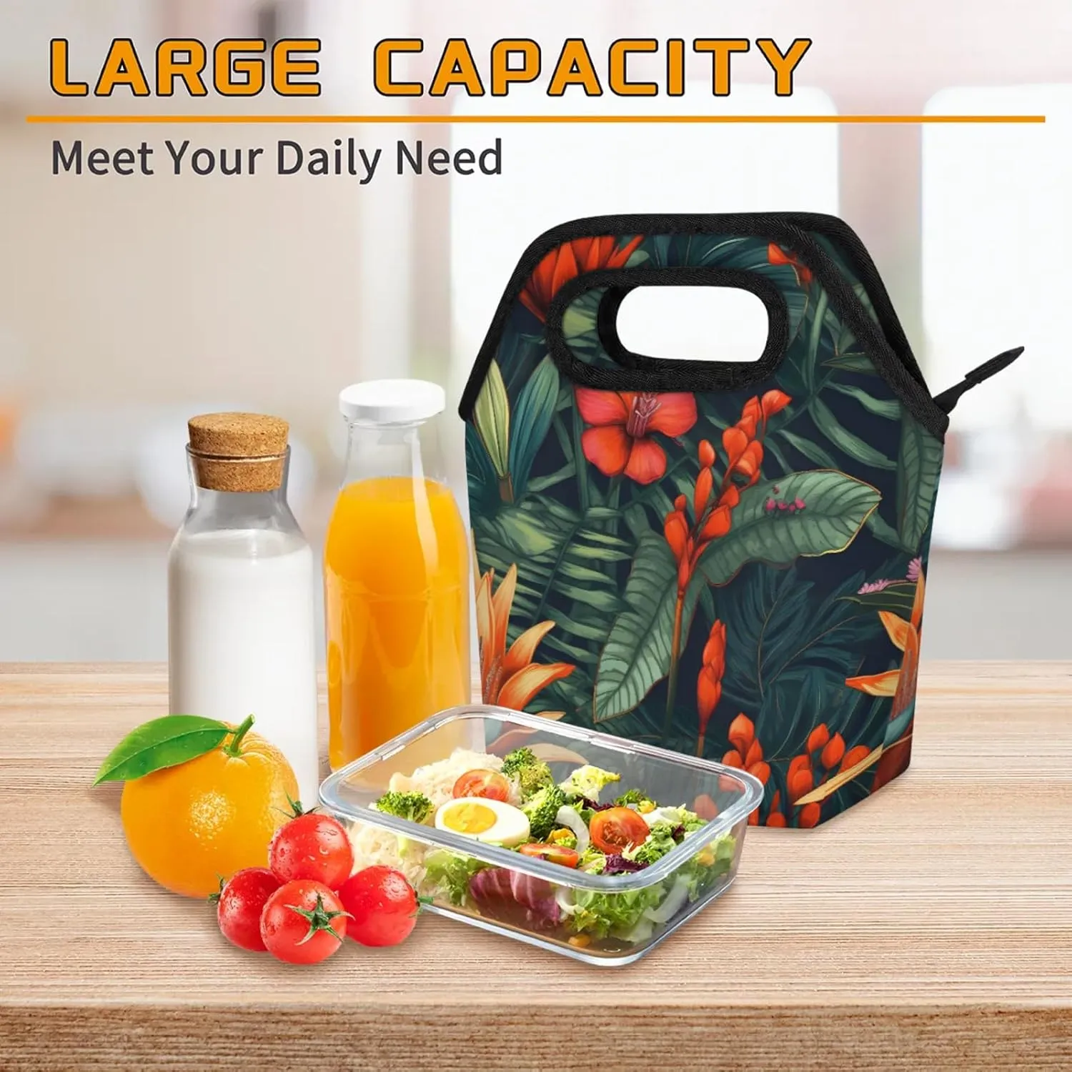 KOBLEN Tropical Floral Portable Insulated Lunch Bag for Adults, Oxford Thermal Food Tote Leakproof Reusable Meal Bag for Picnic, Hiking, Travel (7.5x4.7x11.2 Inch)
