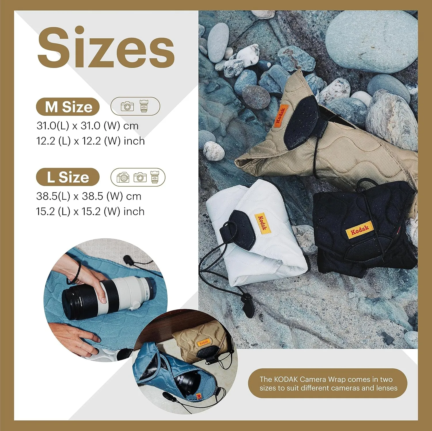 KODAK Camera Wrap Size M 31x31cm - Water-Resistant, Anti-Scratching and Dust-Free Protective Cloth for Mirrorless Camera, Compact Camera, Prime Lens (Black) [ONE item]