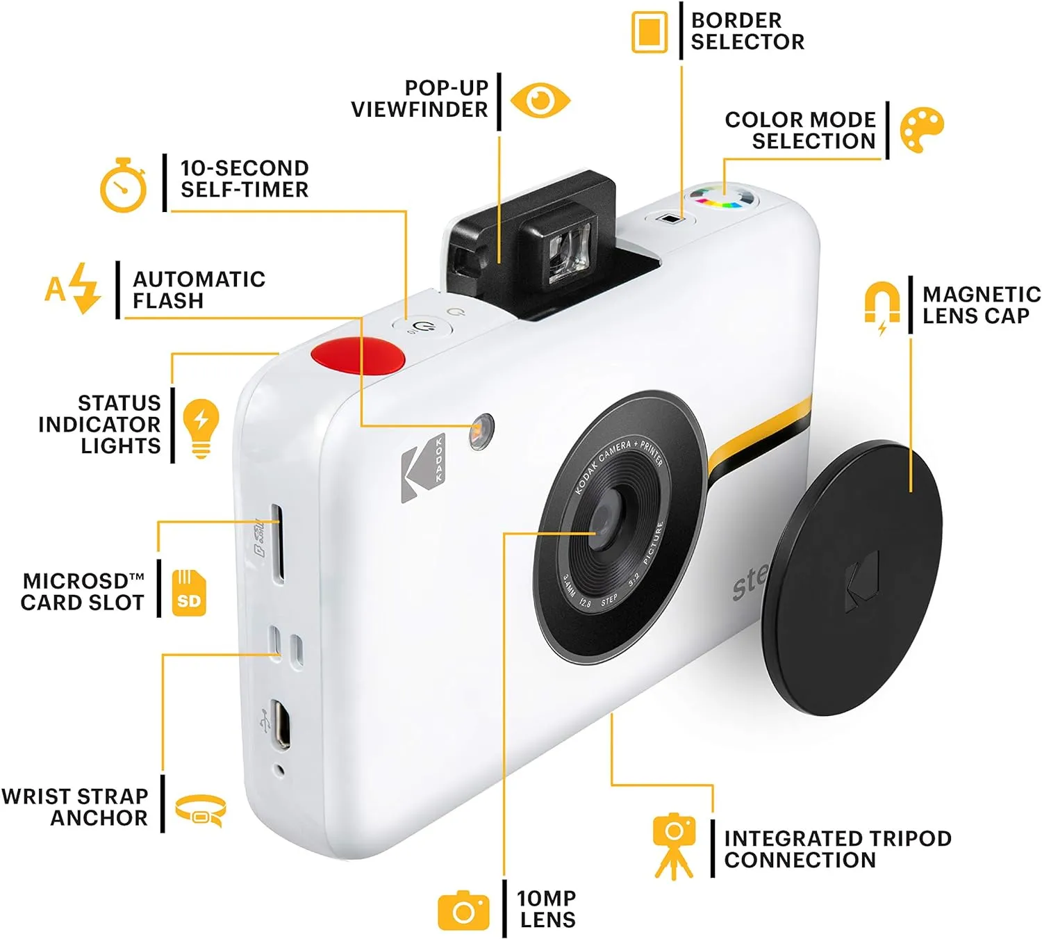 Kodak Step Camera Instant Camera with 10MP Image Sensor, ZINK Zero Ink Technology, Classic Viewfinder, Selfie Mode, Auto Timer, Built-in Flash & 6 Picture Modes | White.