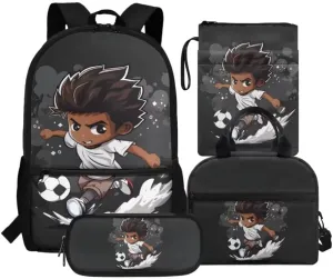 Kuiaobaty African Boy Playing Soccer Toddler Backpack for Boys with Lunch Box Stylish Book Bag and Book Cover with Zipper Portable School Bag with Pencil Case Gift for Back to School