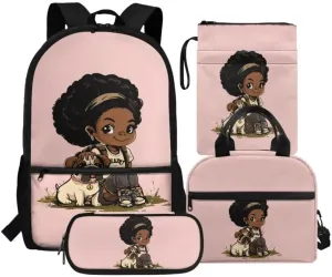 Kuiaobaty African Girl Backpack and Lunch Box Set for Kids Fashion School Bag with Book Sleeve for Teens Portable Book Bag and Pencil Bag with Zipper Gift for Back to School