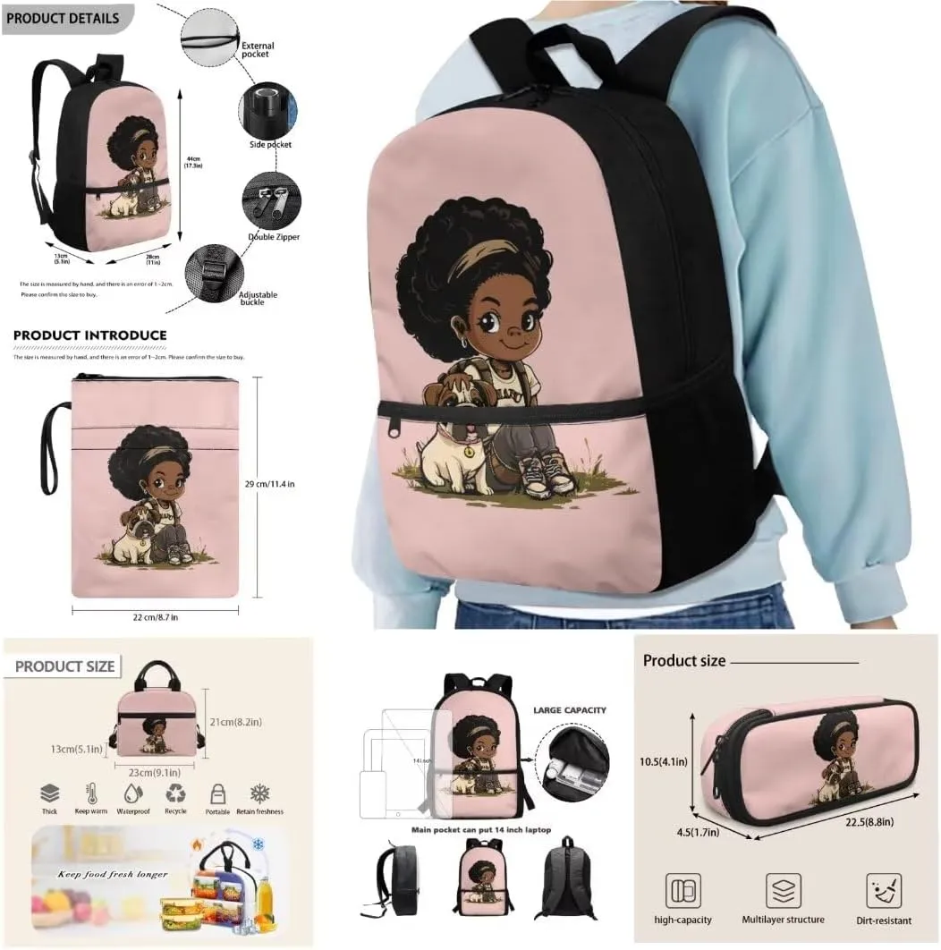 Kuiaobaty African Girl Backpack and Lunch Box Set for Kids Fashion School Bag with Book Sleeve for Teens Portable Book Bag and Pencil Bag with Zipper Gift for Back to School