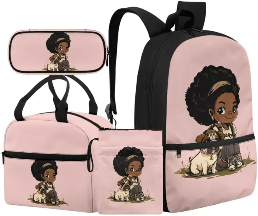 Kuiaobaty African Girl Backpack and Lunch Box Set for Kids Fashion School Bag with Book Sleeve for Teens Portable Book Bag and Pencil Bag with Zipper Gift for Back to School