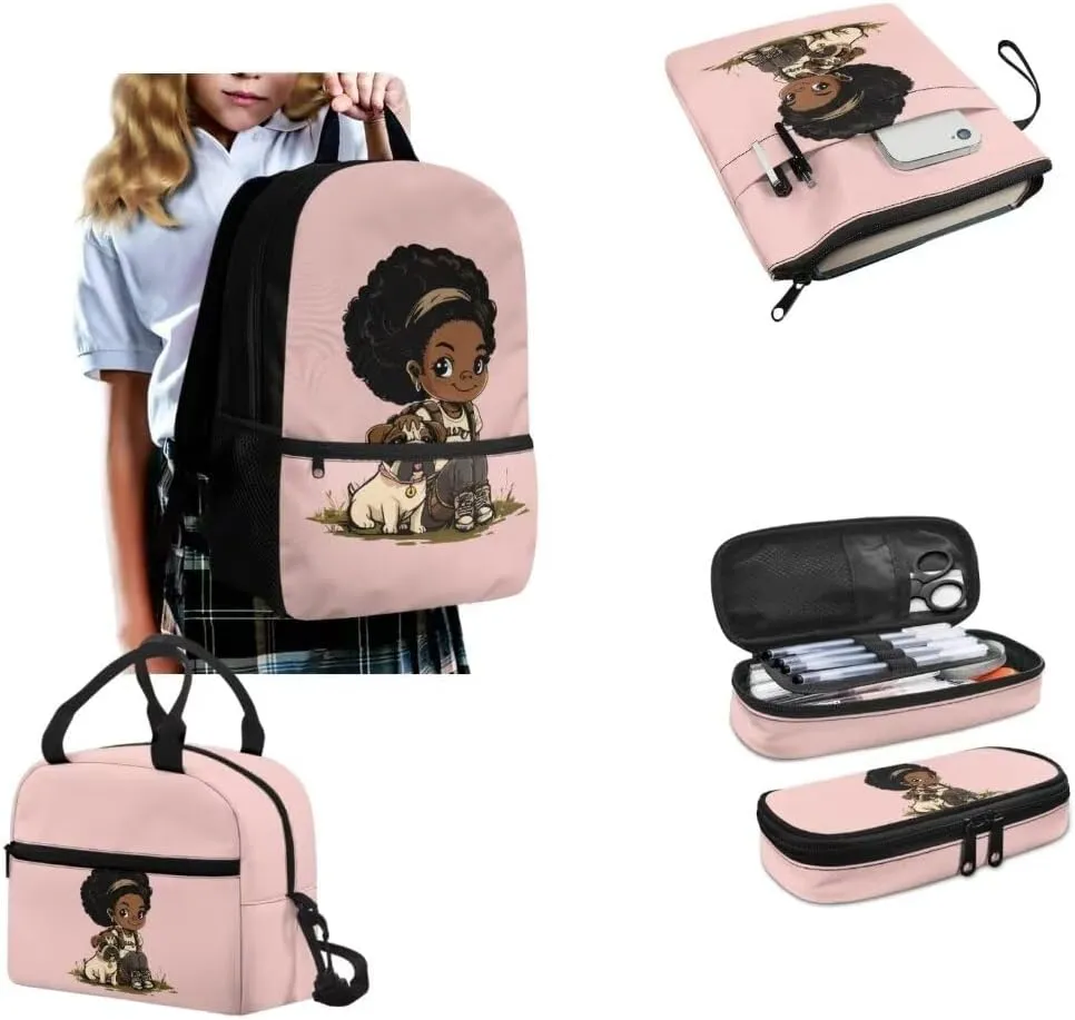 Kuiaobaty African Girl Backpack and Lunch Box Set for Kids Fashion School Bag with Book Sleeve for Teens Portable Book Bag and Pencil Bag with Zipper Gift for Back to School