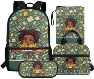 Kuiaobaty African Girls in Class Descendants Backpacks for Girls with Lunch Bag Unique School Bag and Book Sleeve Covers for Paperbacks Large Shoulder Backpack Gift for Holiday