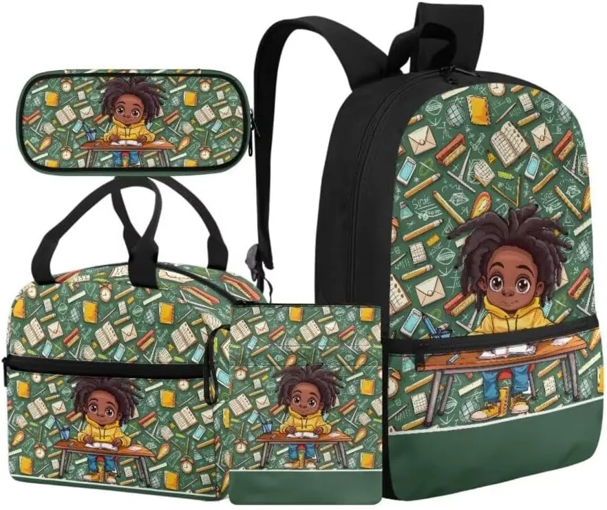 Kuiaobaty African Girls in Class Descendants Backpacks for Girls with Lunch Bag Unique School Bag and Book Sleeve Covers for Paperbacks Large Shoulder Backpack Gift for Holiday