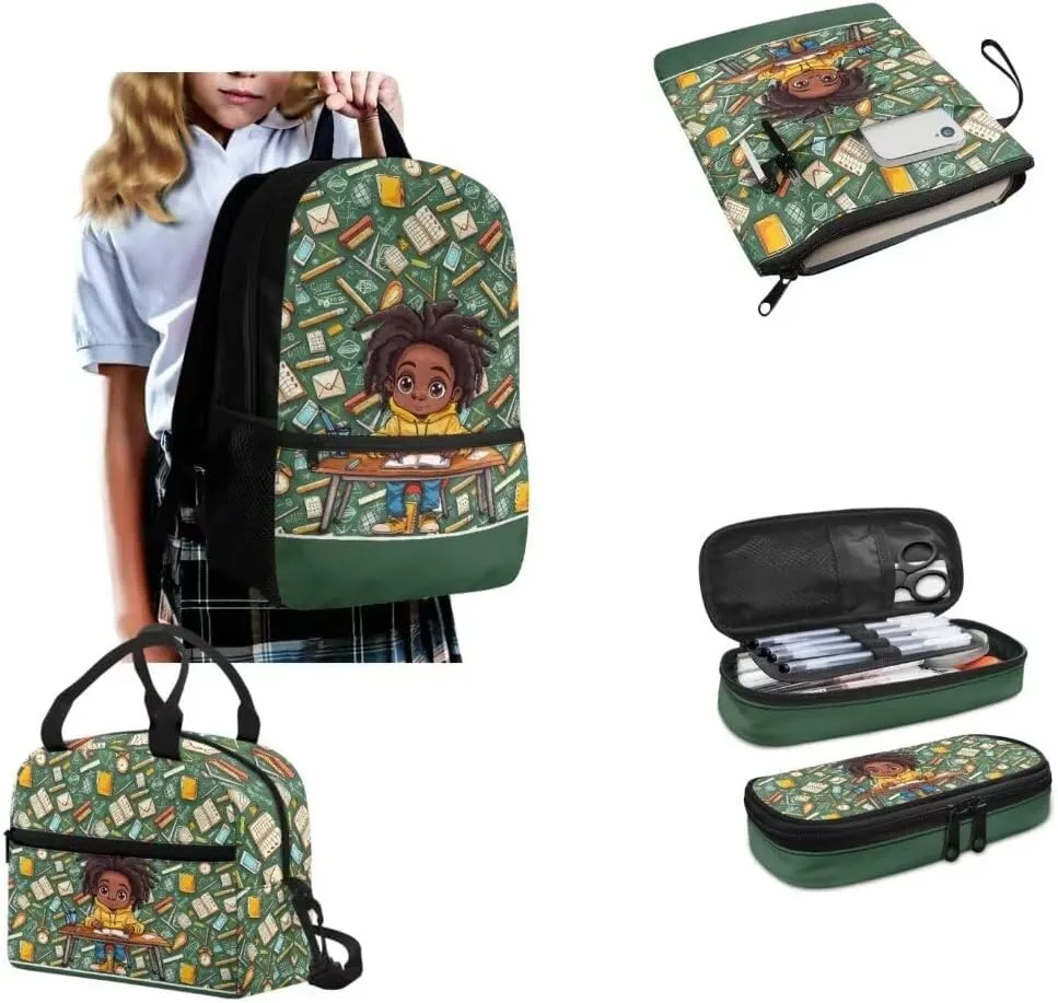Kuiaobaty African Girls in Class Descendants Backpacks for Girls with Lunch Bag Unique School Bag and Book Sleeve Covers for Paperbacks Large Shoulder Backpack Gift for Holiday