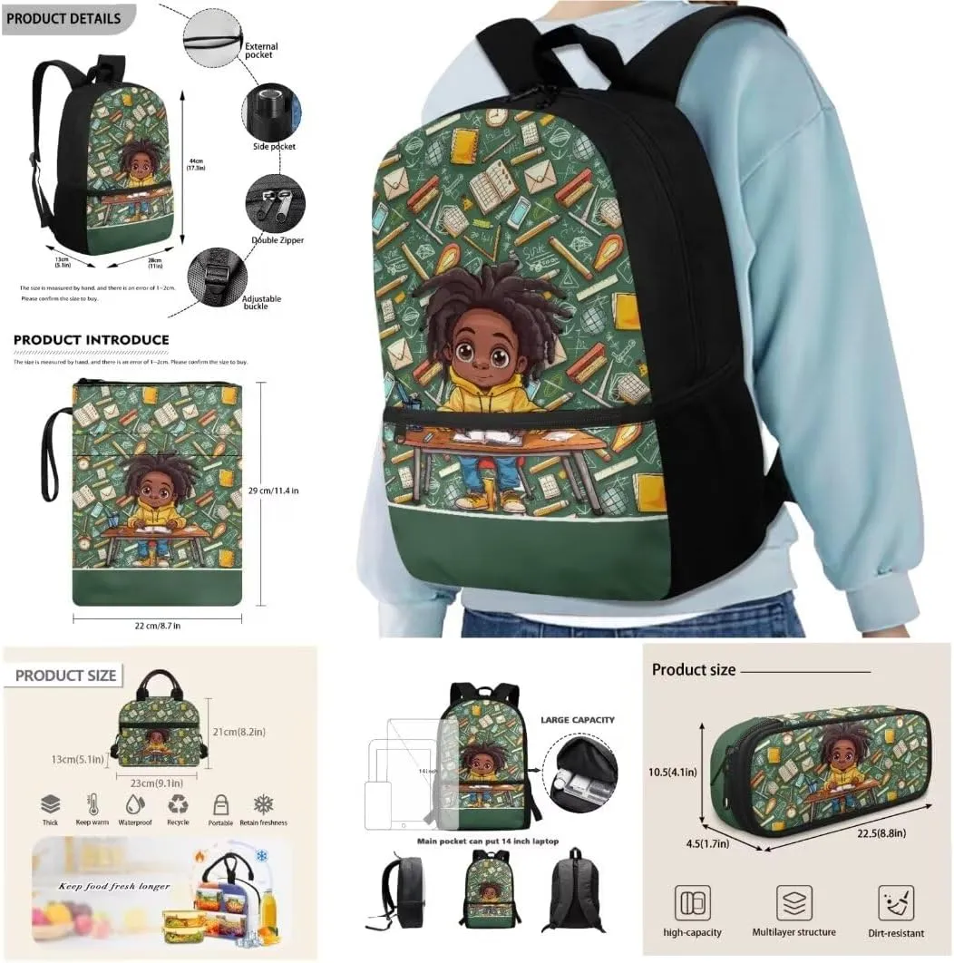 Kuiaobaty African Girls in Class Descendants Backpacks for Girls with Lunch Bag Unique School Bag and Book Sleeve Covers for Paperbacks Large Shoulder Backpack Gift for Holiday