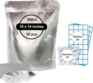 Kyniog® 50-Pack 1 Gallon Mylar Bags – 10 Mil Thick, Smell-Proof, Resealable Ziplock Standup Pouches with Gusseted Bottom for Food Storage, Includes Label Stickers and Oxygen Absorbers