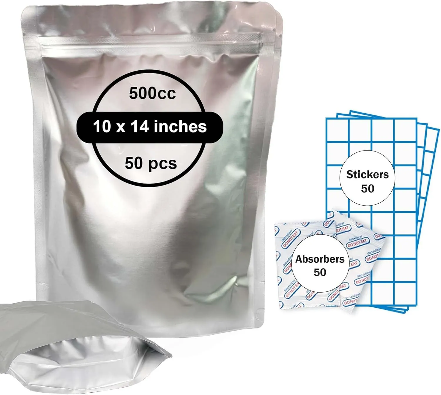 Kyniog® 50-Pack 1 Gallon Mylar Bags – 10 Mil Thick, Smell-Proof, Resealable Ziplock Standup Pouches with Gusseted Bottom for Food Storage, Includes Label Stickers and Oxygen Absorbers