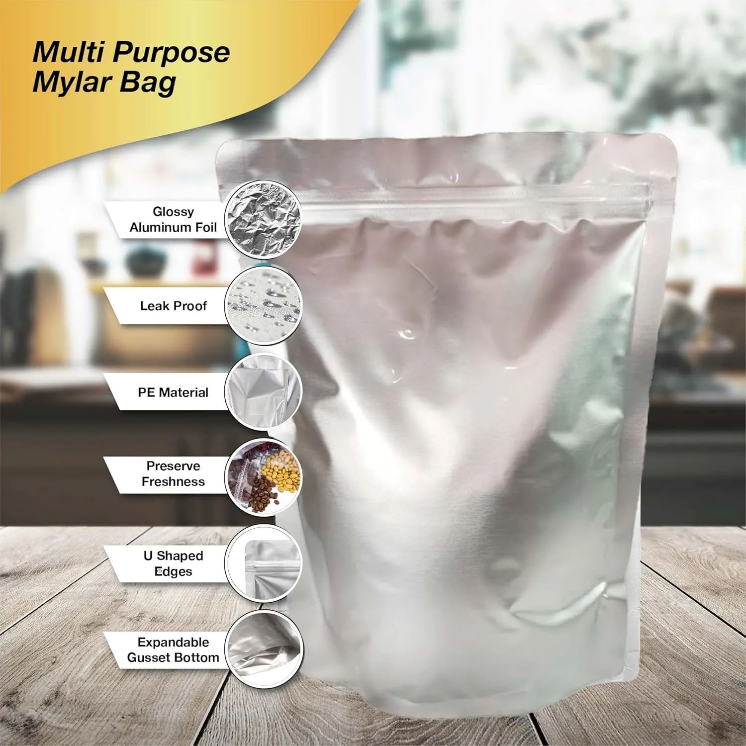 Kyniog® 50-Pack 1 Gallon Mylar Bags – 10 Mil Thick, Smell-Proof, Resealable Ziplock Standup Pouches with Gusseted Bottom for Food Storage, Includes Label Stickers and Oxygen Absorbers