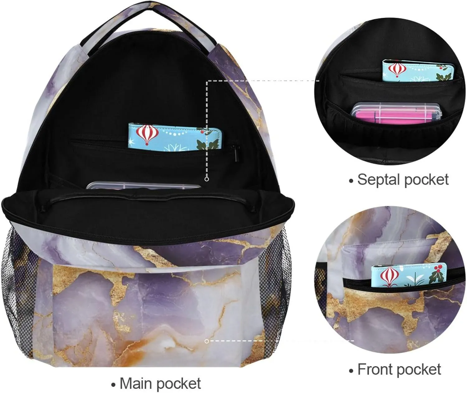 Laptop Backpack for Teacher Nurse Fashion Laptop Bookbag with Chest Strap for Travel Trip Marble White Purple