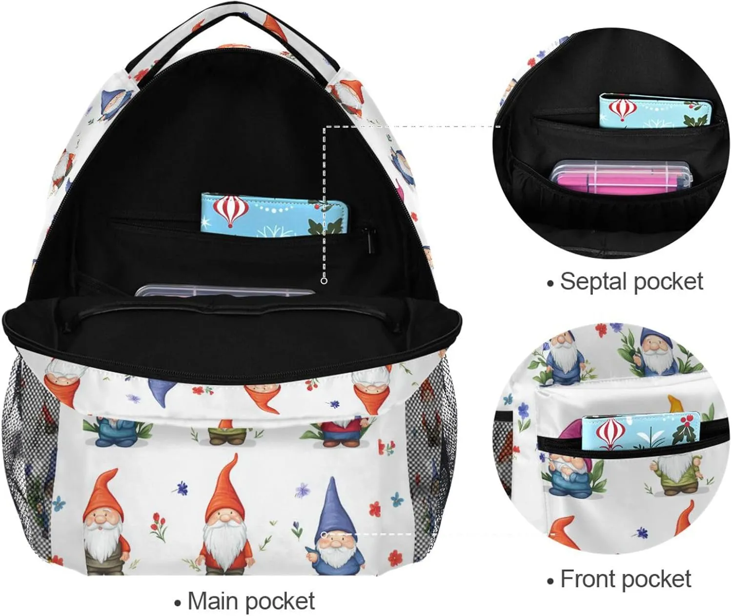 Laptop Backpack for Women Men Waterproof College School Computer Bag with Chest Strap for Travel Trip Cartoon Funny Gnomes White