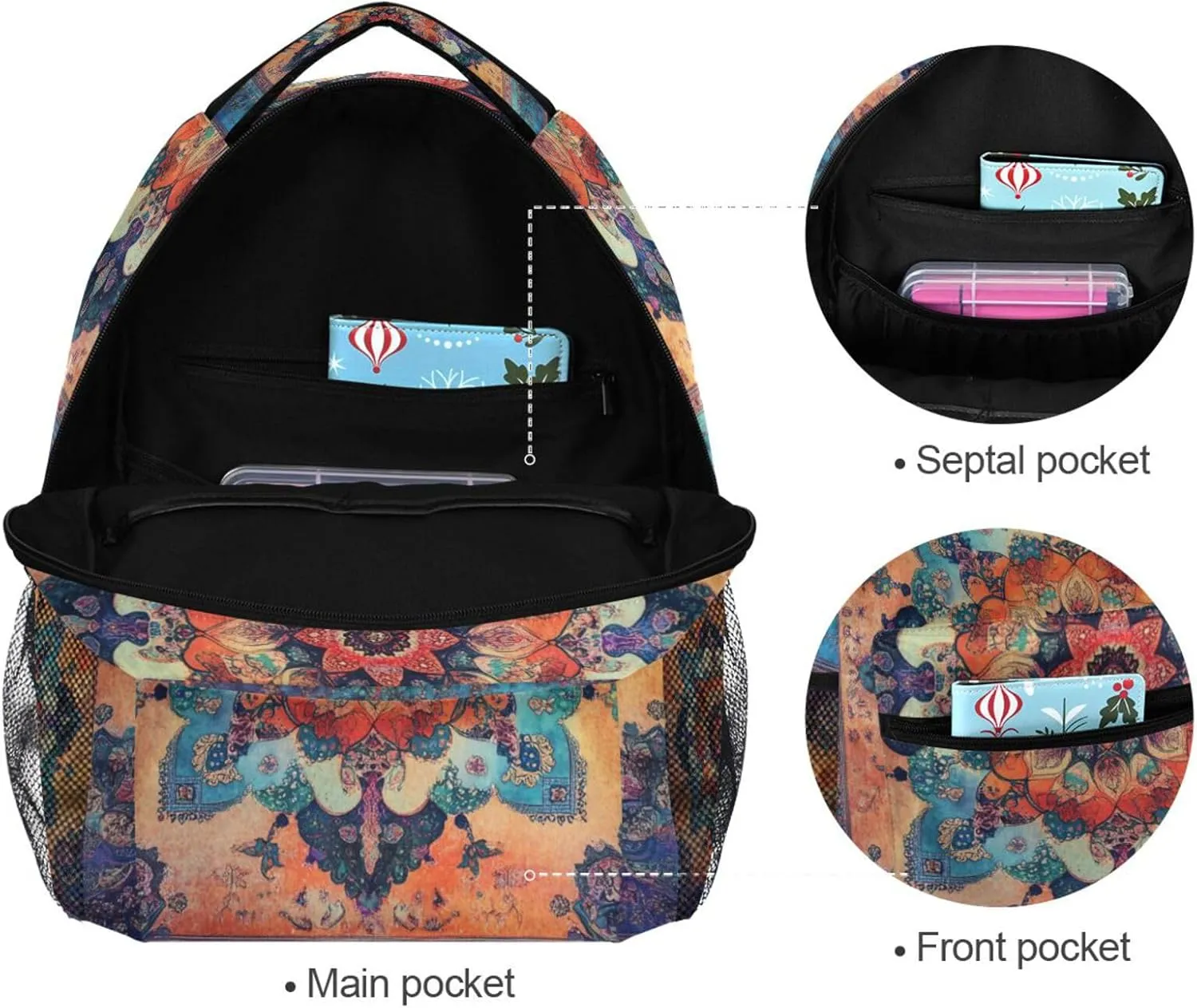 Laptop Backpack for Women Men Waterproof Diaper Bag Backpack with Chest Strap for Travel Trip Bohemian Pattern Boho Vintage Mandala