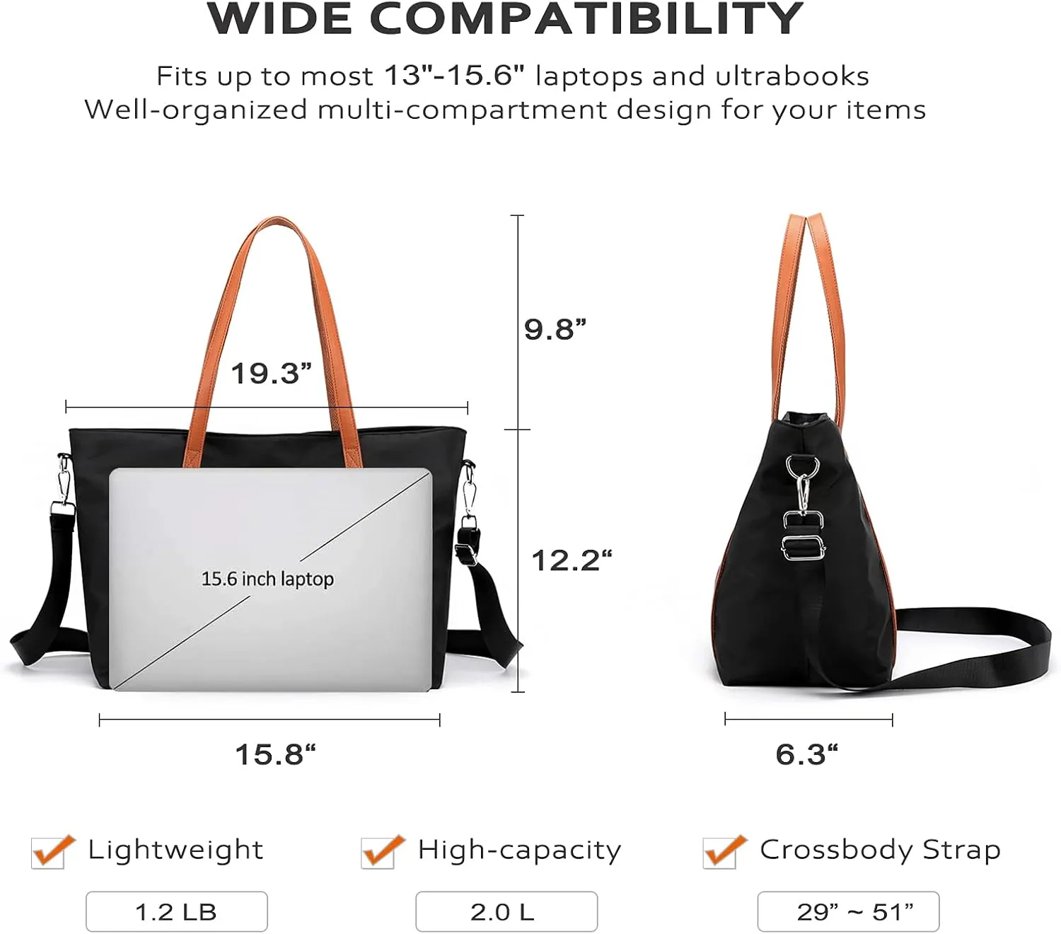 Laptop Bag Waterproof Lightweight Shoulder Tote for Women Nylon Briefcase Computer Work Handbag Fits 15.6 inch