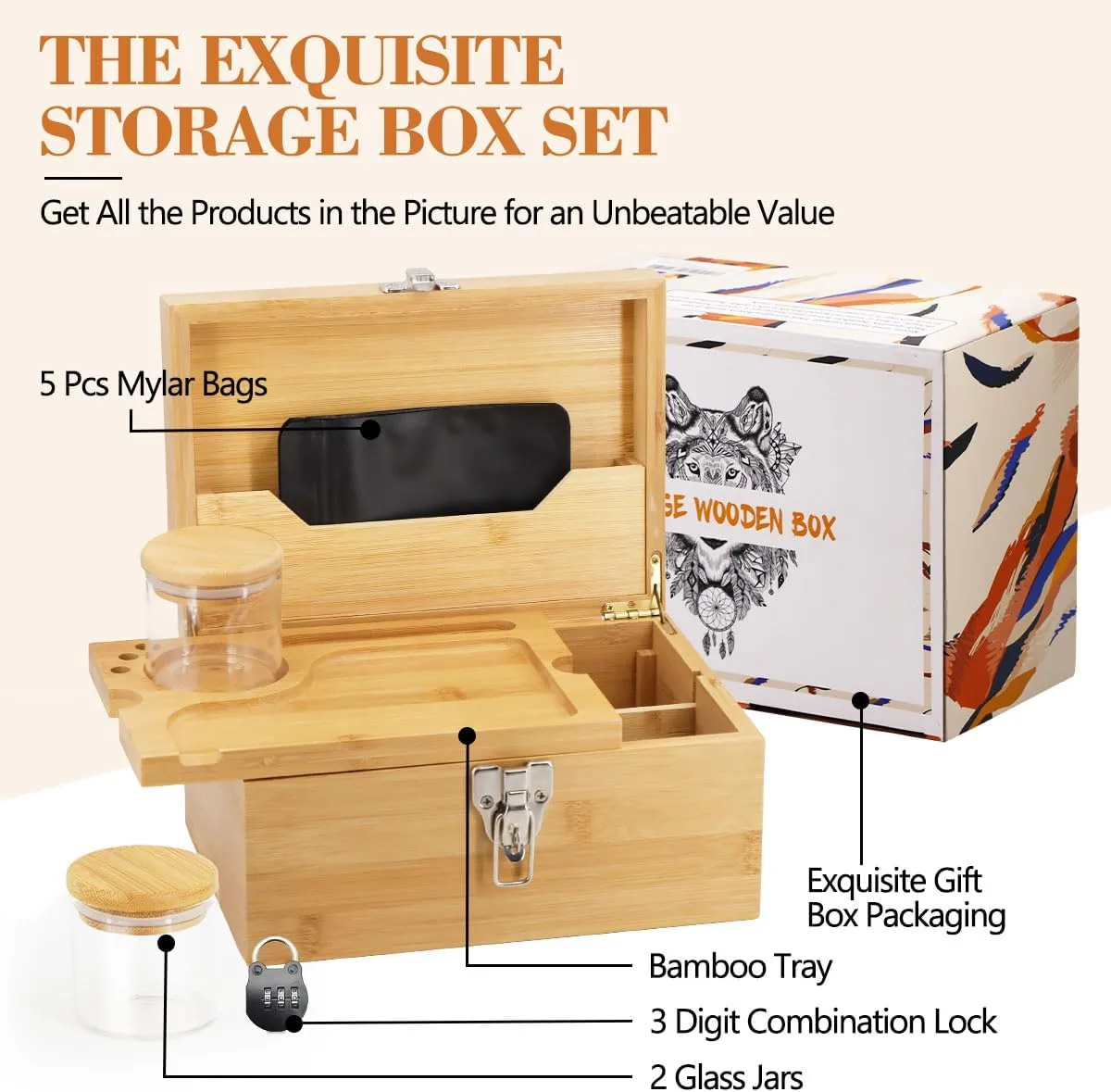 Large Bamboo Box with Combination Lock - Decorative Locking Box with Detachable Compartment, Removable Tray, Jars, Resealable Bags - Great Holidays Gifts