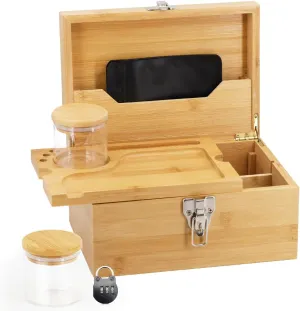 Large Bamboo Box with Combination Lock - Decorative Locking Box with Detachable Compartment, Removable Tray, Jars, Resealable Bags - Great Holidays Gifts