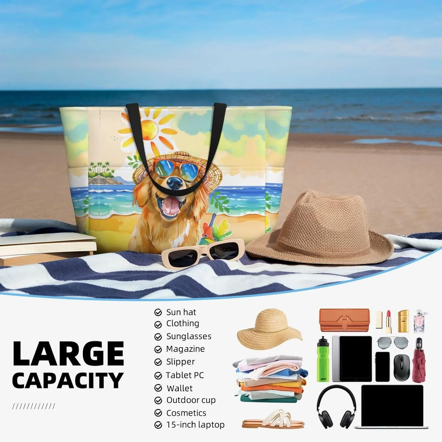 Large Beach Bag for Women Waterproof Foldable Travel Shoulder Tote Bag with Pocket for Weekender Pool Vacation