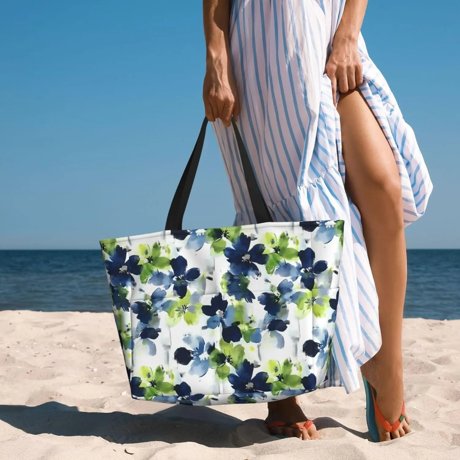 Large Beach Bag for Women Waterproof Foldable Travel Shoulder Tote Bag with Pocket for Weekender Pool Vacation